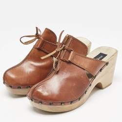 Dolce & Gabbana Brown Leather Bow Wooden Clogs Size 39