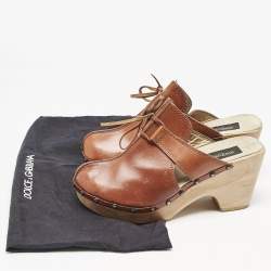 Dolce & Gabbana Brown Leather Bow Wooden Clogs Size 39