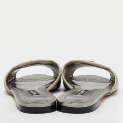 Dolce & Gabbana Silver Iguana Laminated Leather Flat Slide Sandals Size 36.5