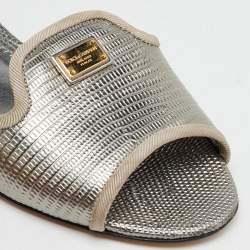 Dolce & Gabbana Silver Iguana Laminated Leather Flat Slide Sandals Size 36.5