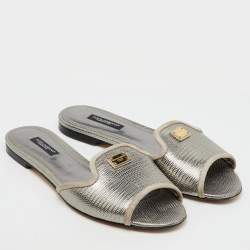 Dolce & Gabbana Silver Iguana Laminated Leather Flat Slide Sandals Size 36.5