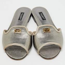 Dolce & Gabbana Silver Iguana Laminated Leather Flat Slide Sandals Size 36.5