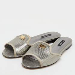 Dolce & Gabbana Silver Iguana Laminated Leather Flat Slide Sandals Size 36.5