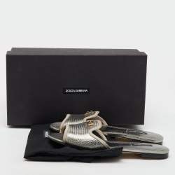 Dolce & Gabbana Silver Iguana Laminated Leather Flat Slide Sandals Size 36.5