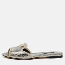 Dolce & Gabbana Silver Iguana Laminated Leather Flat Slide Sandals Size 36.5