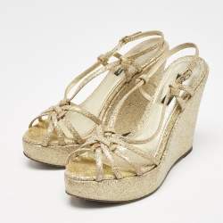 Dolce & Gabbana Gold Glitter and Canvas Wedge Sandals Size 36