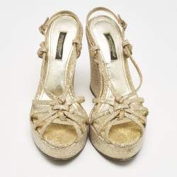 Dolce & Gabbana Gold Glitter and Canvas Wedge Sandals Size 36