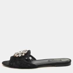 Pre Owned Dolce & Gabbana Black Lace Crystal Embellished Flat Slides Size 37