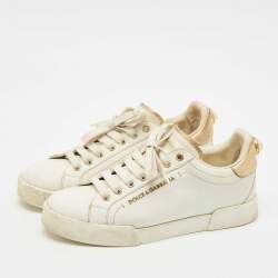 Dolce & Gabbana White Leather Pearl Embellished Portofino Sneakers Size 38