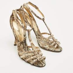 Dolce & Gabbana Brown/Beige Python Crystal Embellished T-Strap Sandals Size 38