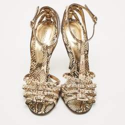 Dolce & Gabbana Brown/Beige Python Crystal Embellished T-Strap Sandals Size 38