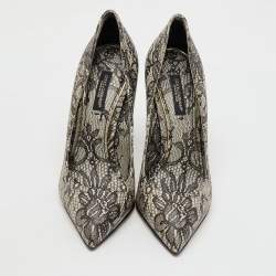 Dolce & Gabbana Black/Beige Leather Lace Printed Chantilly Pointed Toe Pumps Size 36