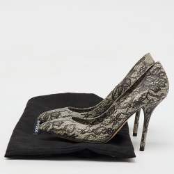 Dolce & Gabbana Black/Beige Leather Lace Printed Chantilly Pointed Toe Pumps Size 36
