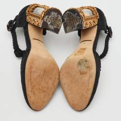 Dolce & Gabbana Black Brocade Fabric Sacred Heart T-Strap Pumps Size 37