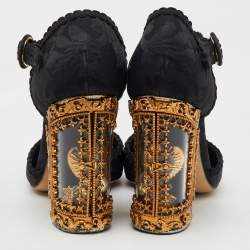 Dolce & Gabbana Black Brocade Fabric Sacred Heart T-Strap Pumps Size 37