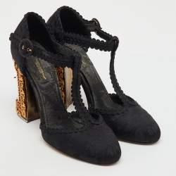 Dolce & Gabbana Black Brocade Fabric Sacred Heart T-Strap Pumps Size 37
