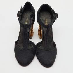 Dolce & Gabbana Black Brocade Fabric Sacred Heart T-Strap Pumps Size 37