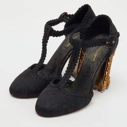 Dolce & Gabbana Black Brocade Fabric Sacred Heart T-Strap Pumps Size 37