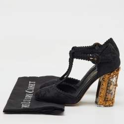 Dolce & Gabbana Black Brocade Fabric Sacred Heart T-Strap Pumps Size 37