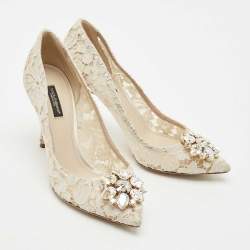 Dolce & Gabbana Off White Lace and Mesh Bellucci Pumps Size 38.5