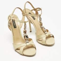Pre Owned Dolce & Gabbana Beige Lizard Crystal Embellished Ankle Strap Sandals Size 38