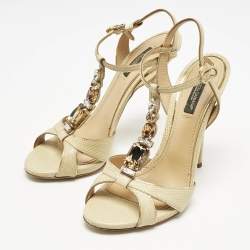 Pre Owned Dolce & Gabbana Beige Lizard Crystal Embellished Ankle Strap Sandals Size 38