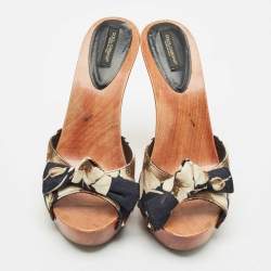 Dolce & Gabbana Black/White Leather and Canvas Wooden Slides Size 38