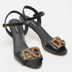 Dolce & Gabbana Black Leather DG Amore Ankle Strap Sandals Size 38
