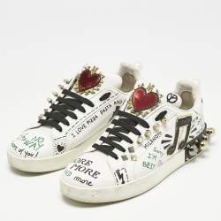 Dolce & Gabbana White Leather Portofino Graffiti Heart Applique Low top Sneakers Size 39