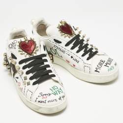 Dolce & Gabbana White Leather Portofino Graffiti Heart Applique Low top Sneakers Size 39