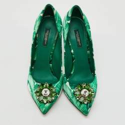 Dolce & Gabbana Multicolor Banana Leaf Print Satin Crystal Embellished Pumps Size 39