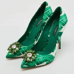 Dolce & Gabbana Multicolor Banana Leaf Print Satin Crystal Embellished Pumps Size 39