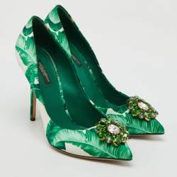 Dolce & Gabbana Multicolor Banana Leaf Print Satin Crystal Embellished Pumps Size 39