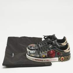 Pre Owned Dolce & Gabbana Black Leather Portofino Embellished Low Top Sneakers Size 39