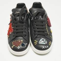 Pre Owned Dolce & Gabbana Black Leather Portofino Embellished Low Top Sneakers Size 39