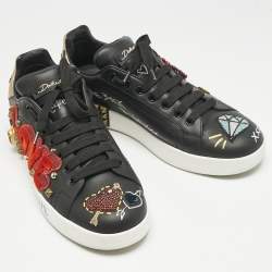 Pre Owned Dolce & Gabbana Black Leather Portofino Embellished Low Top Sneakers Size 39