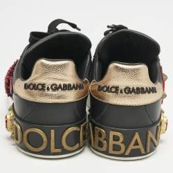 Pre Owned Dolce & Gabbana Black Leather Portofino Embellished Low Top Sneakers Size 39