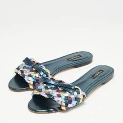 Dolce & Gabbana Multicolor Metallic Leather Woven Bow Flat Slide Sandals Size 40