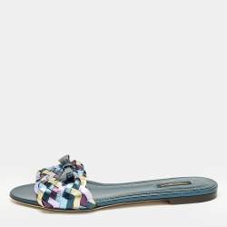 Dolce & Gabbana Multicolor Metallic Leather Woven Bow Flat Slide Sandals Size 40