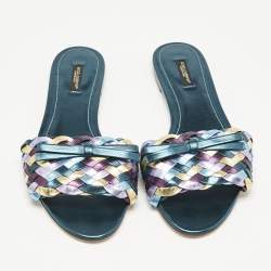 Dolce & Gabbana Multicolor Metallic Leather Woven Bow Flat Slide Sandals Size 40