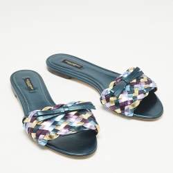 Dolce & Gabbana Multicolor Metallic Leather Woven Bow Flat Slide Sandals Size 40
