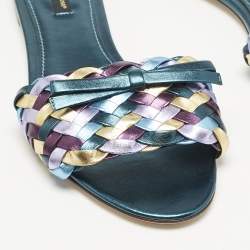 Dolce & Gabbana Multicolor Metallic Leather Woven Bow Flat Slide Sandals Size 40