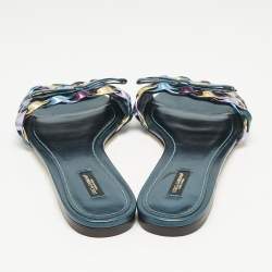 Dolce & Gabbana Multicolor Metallic Leather Woven Bow Flat Slide Sandals Size 40