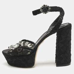 Dolce & Gabbana Black Lace and Mesh Crystal Platform Ankle Strap Sandals Size 40