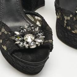 Dolce & Gabbana Black Lace and Mesh Crystal Platform Ankle Strap Sandals Size 40