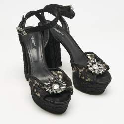 Dolce & Gabbana Black Lace and Mesh Crystal Platform Ankle Strap Sandals Size 40