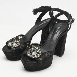 Dolce & Gabbana Black Lace and Mesh Crystal Platform Ankle Strap Sandals Size 40
