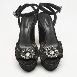 Dolce & Gabbana Black Lace and Mesh Crystal Platform Ankle Strap Sandals Size 40