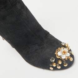 Dolce & Gabbana Black Brocade Fabric Crystal Embellished Ankle Length Boots Size 38