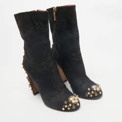 Dolce & Gabbana Black Brocade Fabric Crystal Embellished Ankle Length Boots Size 38